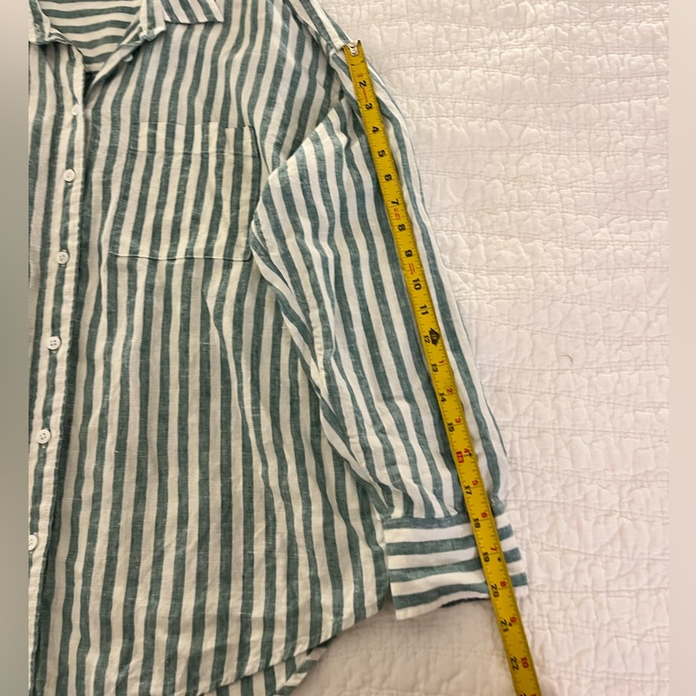 Faherty Laguna Linen relaxed blouse green white stripe L - Picture 8 of 11